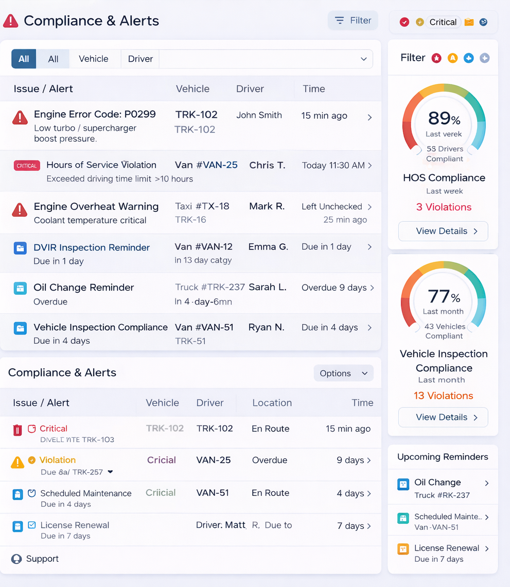 Screenshot of the compliance and alerts feature, showing real-time notifications and compliance status.